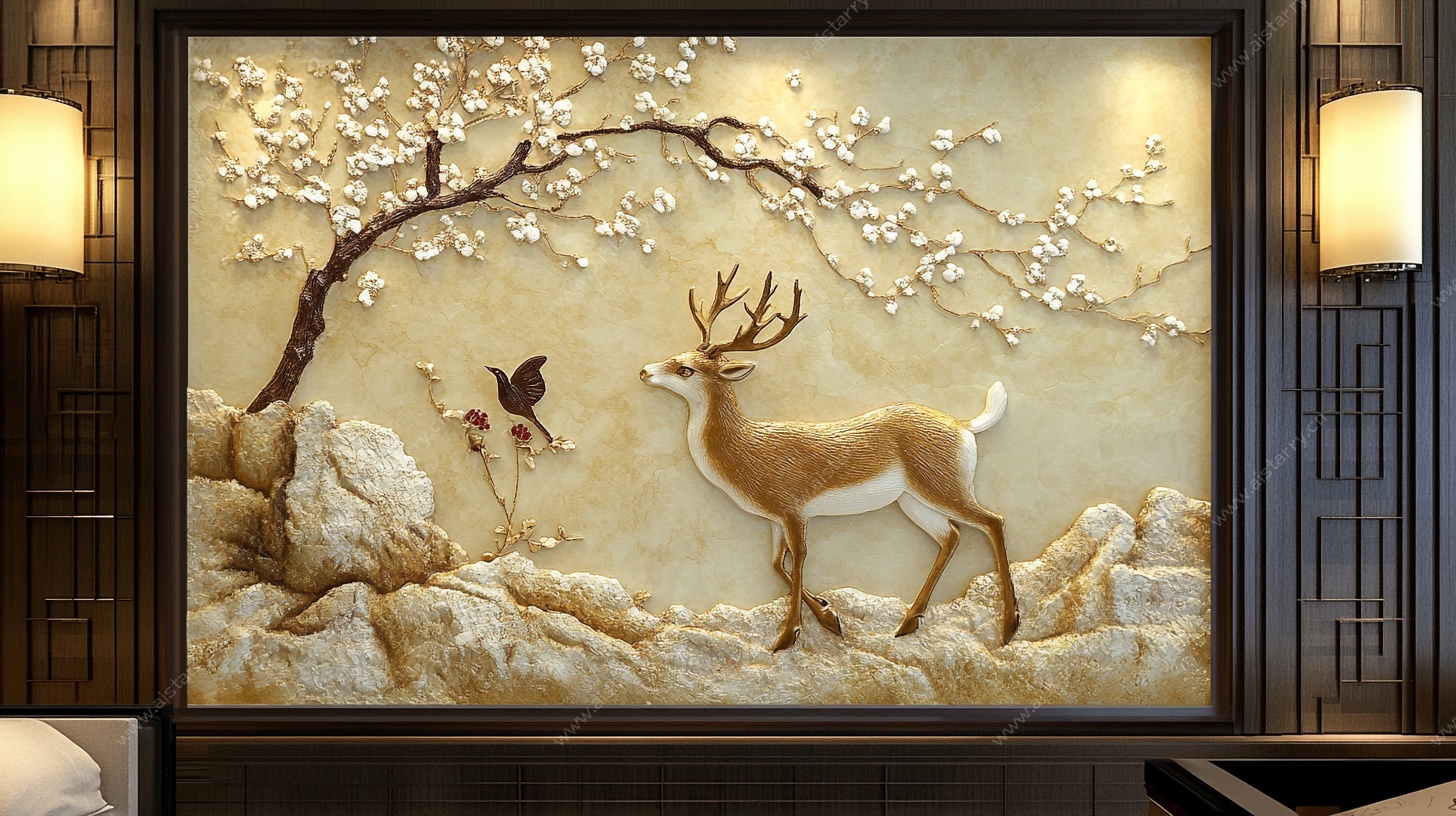 中式浮雕梅花鹿壁画装饰画