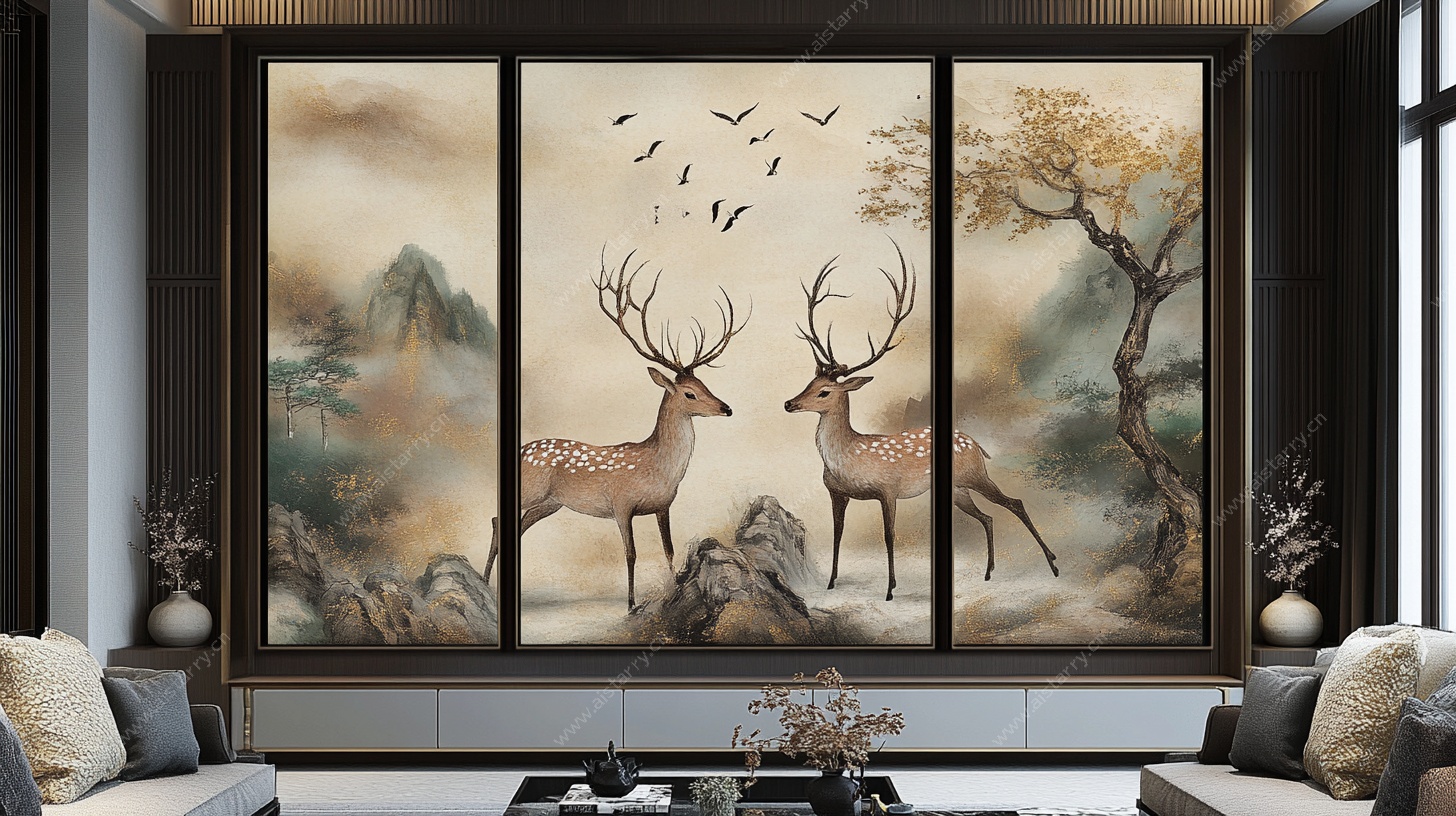 中式客厅双鹿山水装饰画