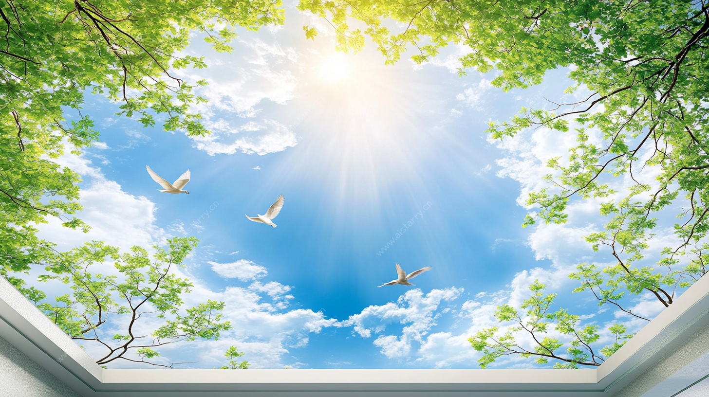 仰望晴空绿树飞鸟图景