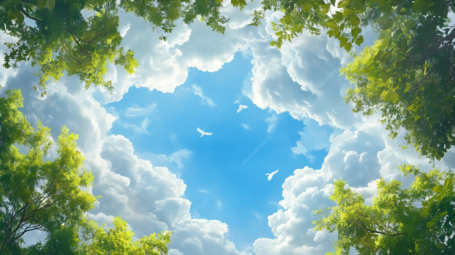 仰望蓝天绿树间的飞鸟