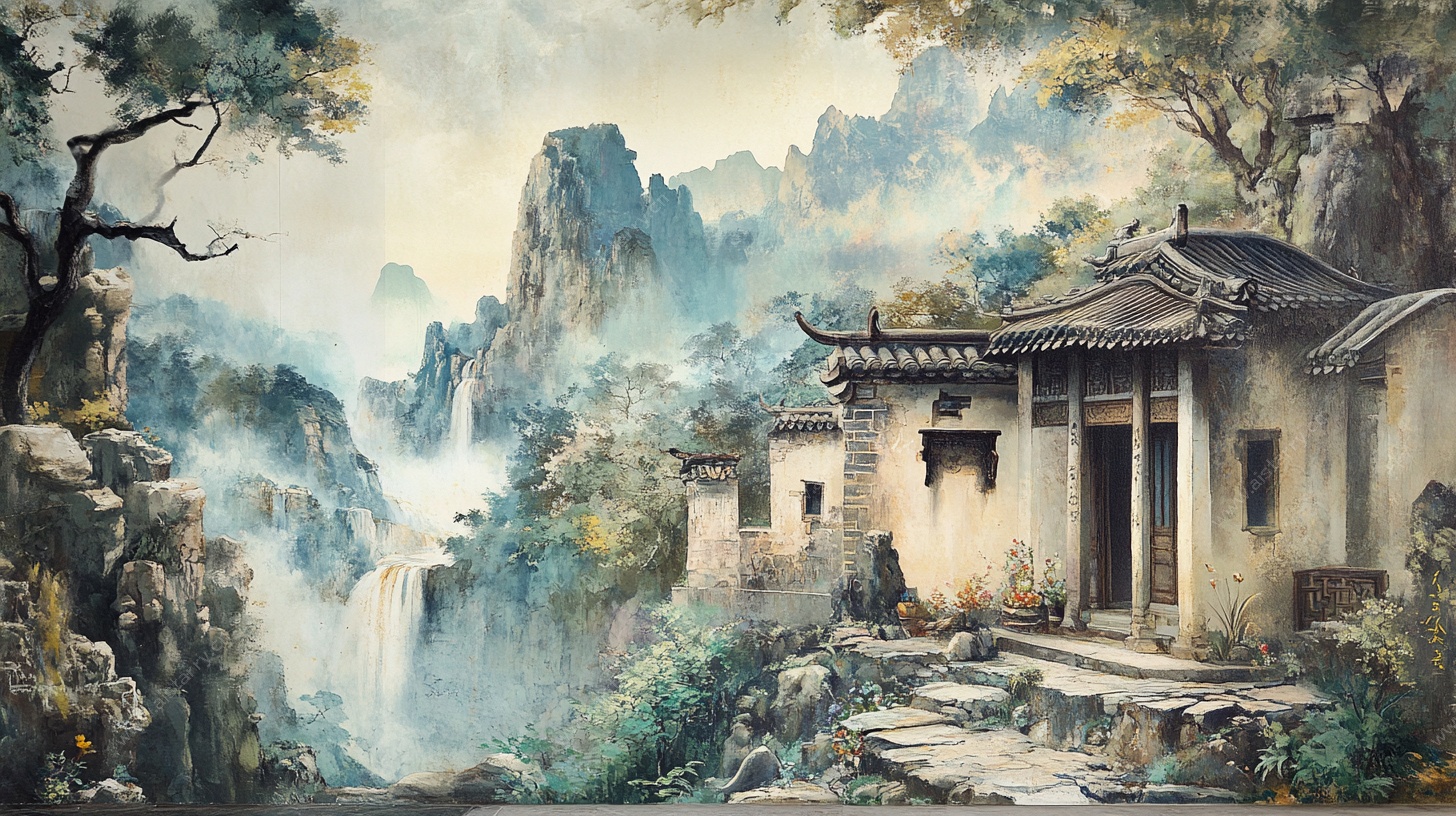 中式山水古宅风景图