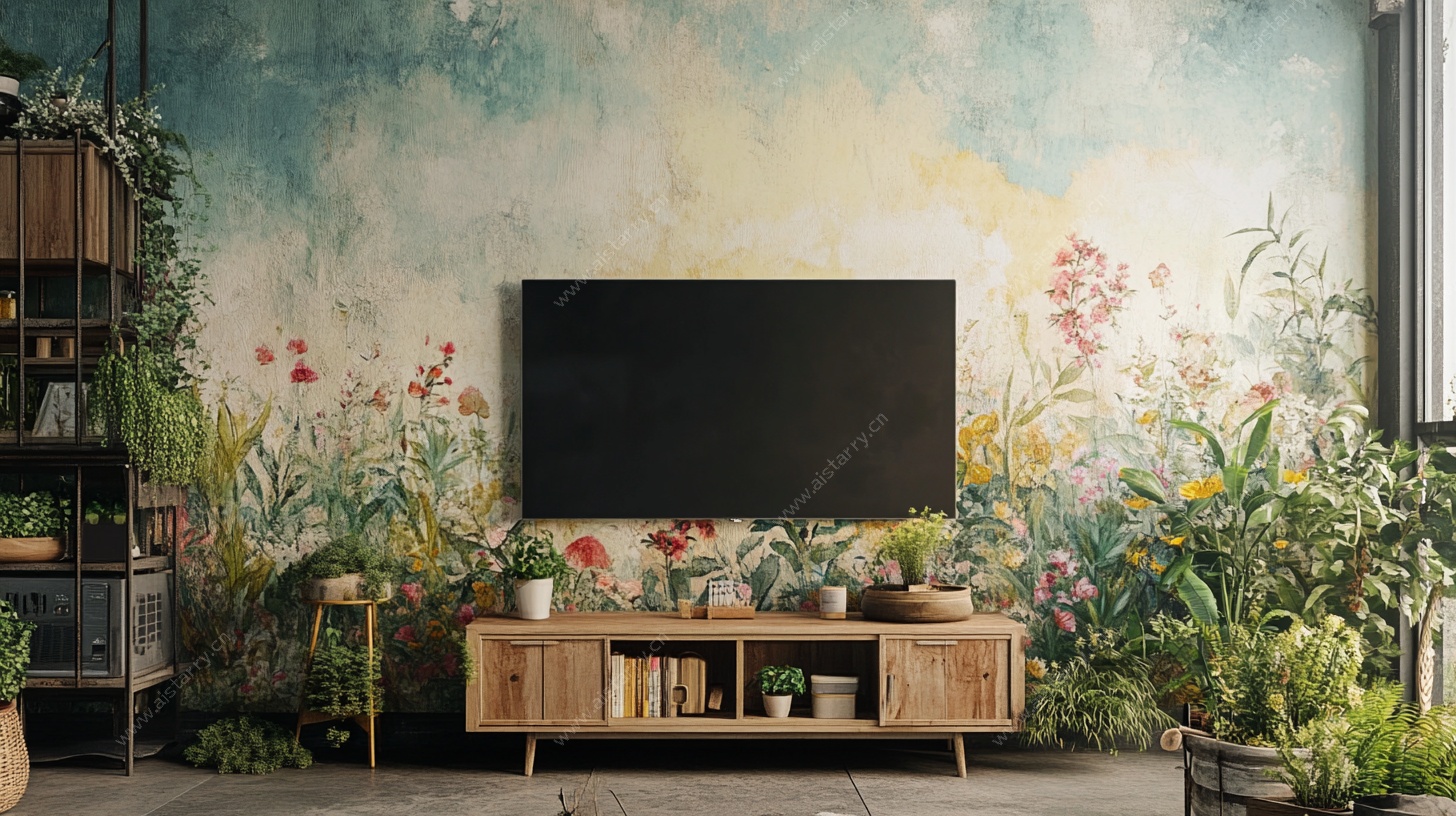 田园风客厅绿植电视墙