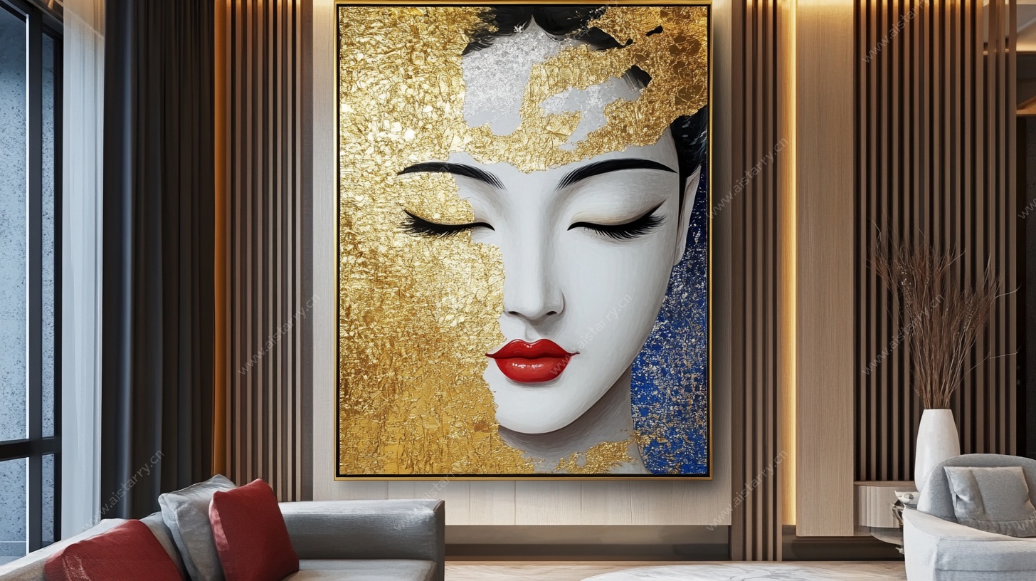 客厅中的金色艺术美人画