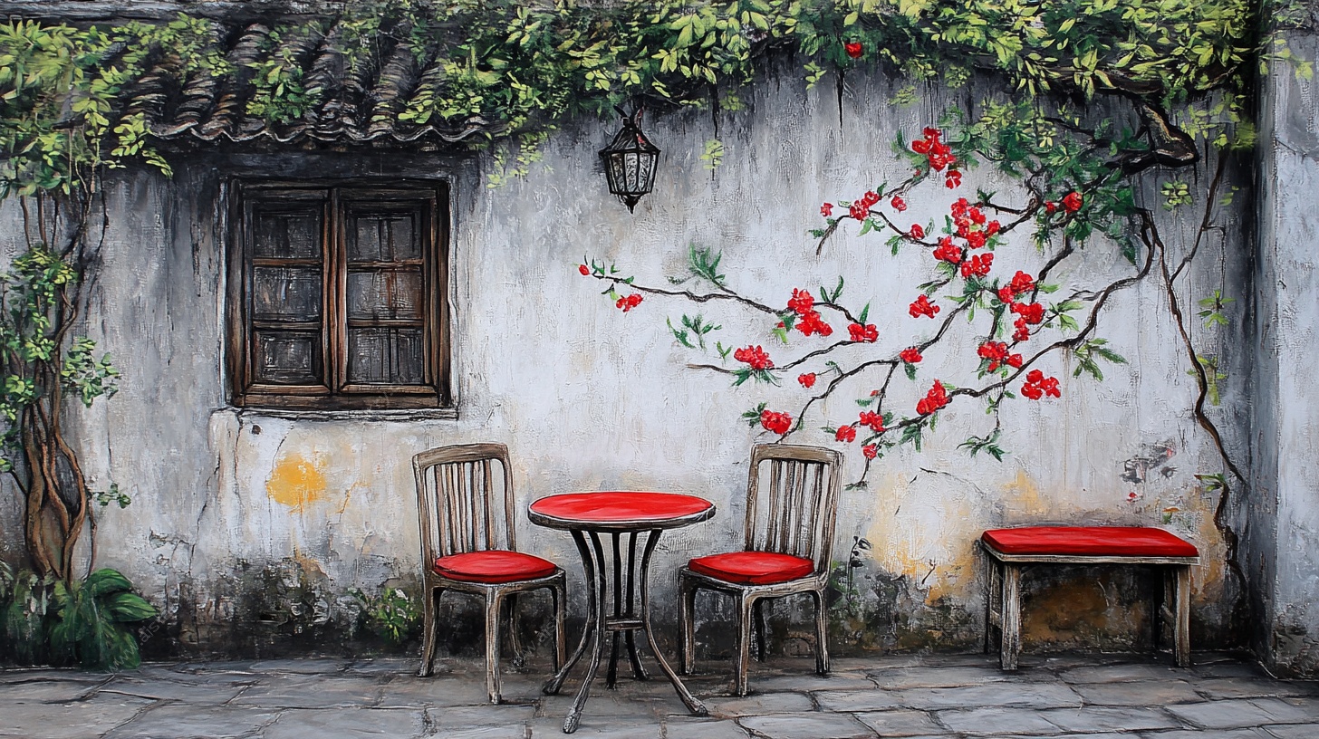 古墙下的休闲桌椅景致