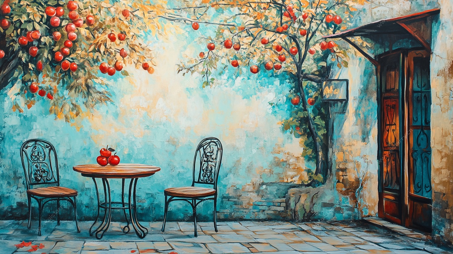 庭院中的果树与桌椅景致