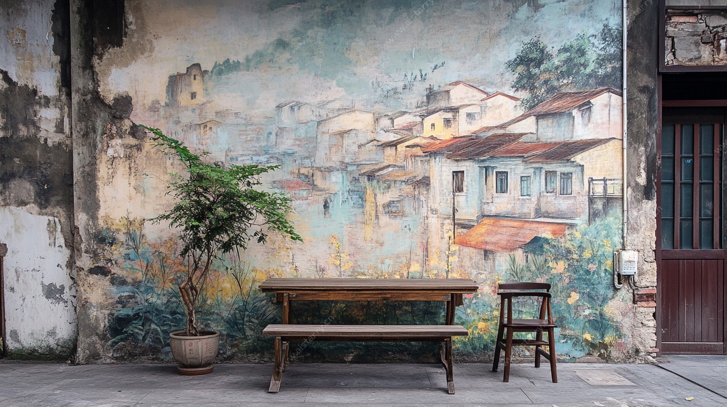 古墙彩绘前的桌椅景致