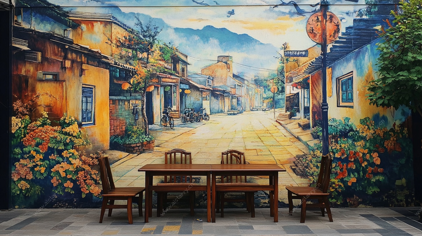 复古街景墙绘餐厅装饰画