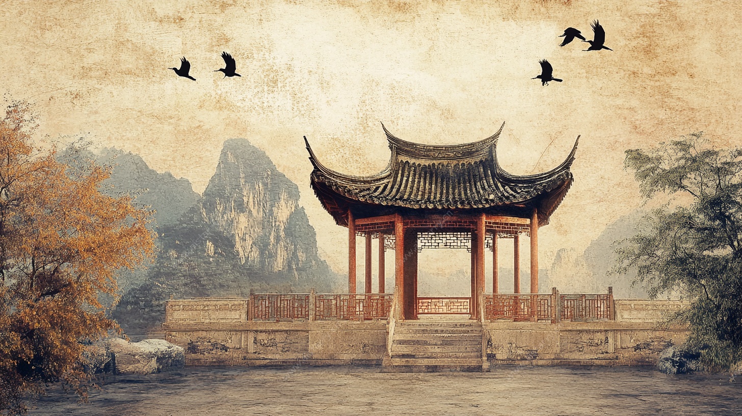 中式古风亭台山水风景图