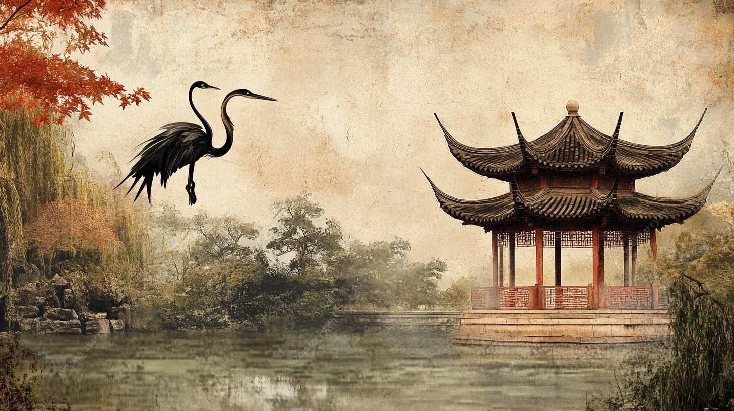 中式园林双鹤图