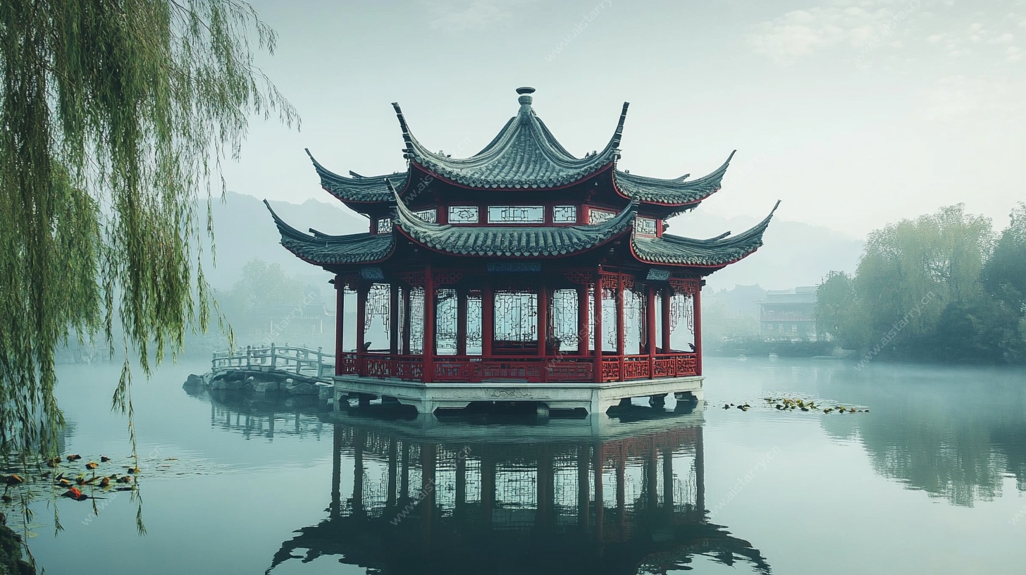 湖中小亭烟雨景