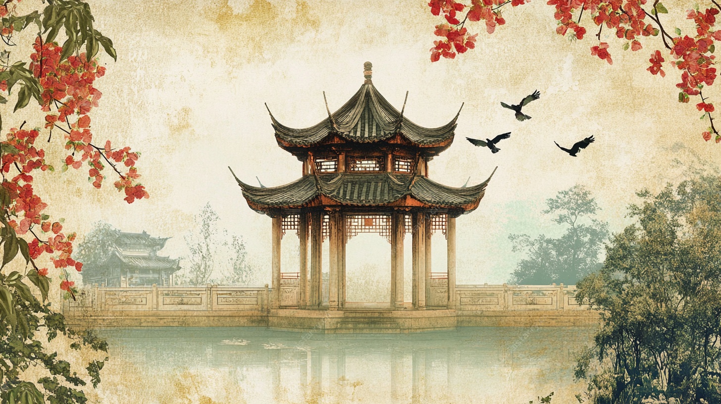 古风中式湖畔亭阁景致