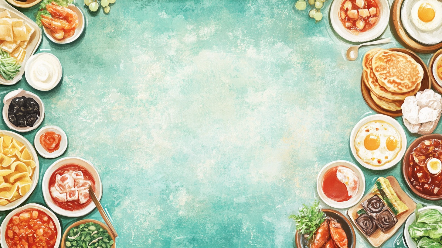 多彩美食环绕的清新背景图