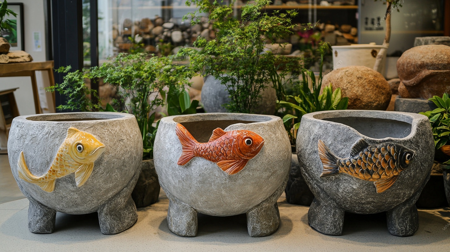 鱼形石花盆摆件展示