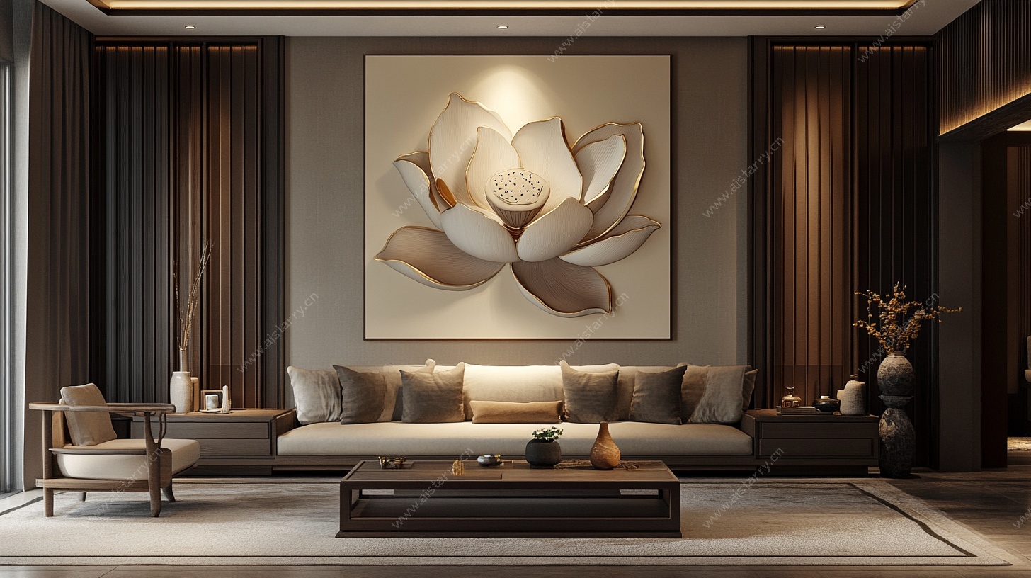 新中式客厅 莲花挂画装饰