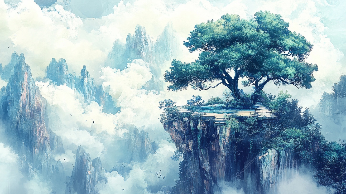 悬崖孤树云雾山水奇景