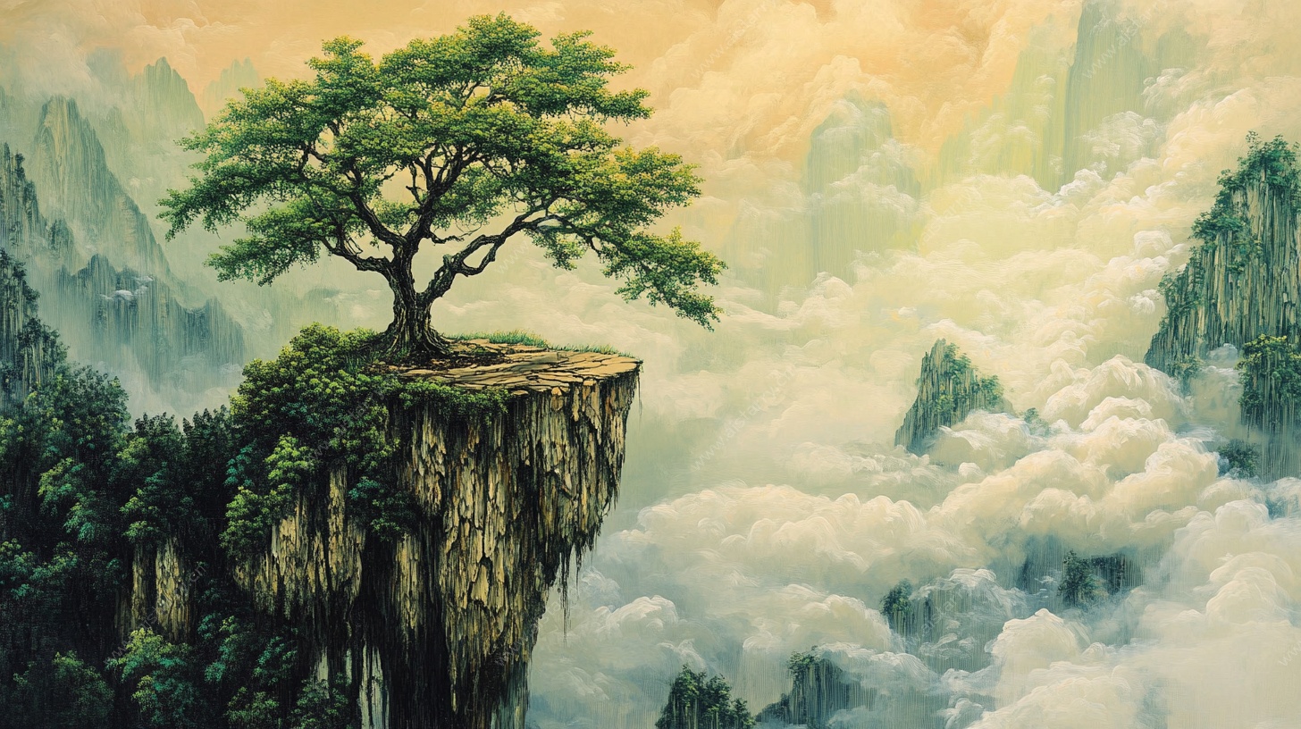 悬崖孤松云雾山水图