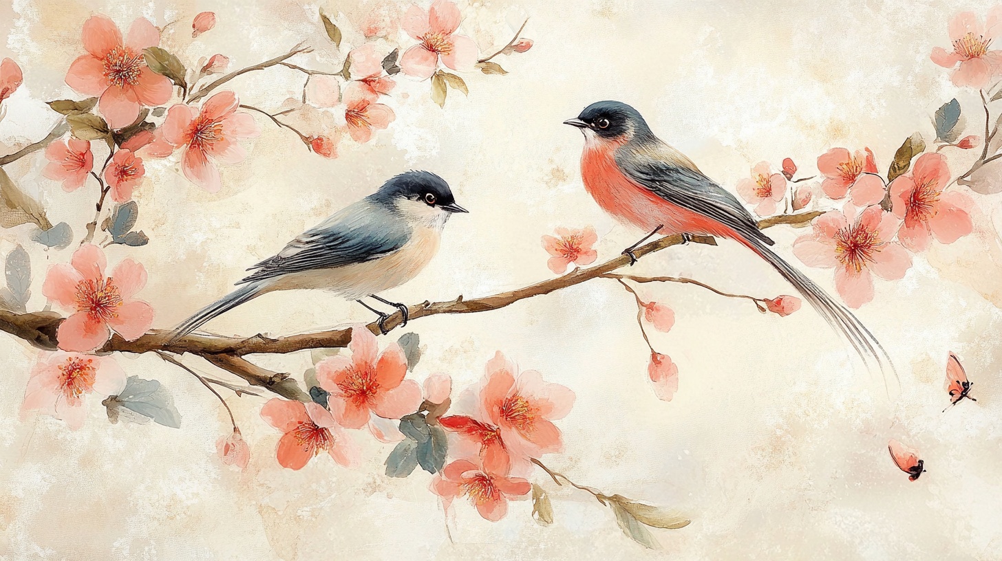 枝头双鸟伴繁花