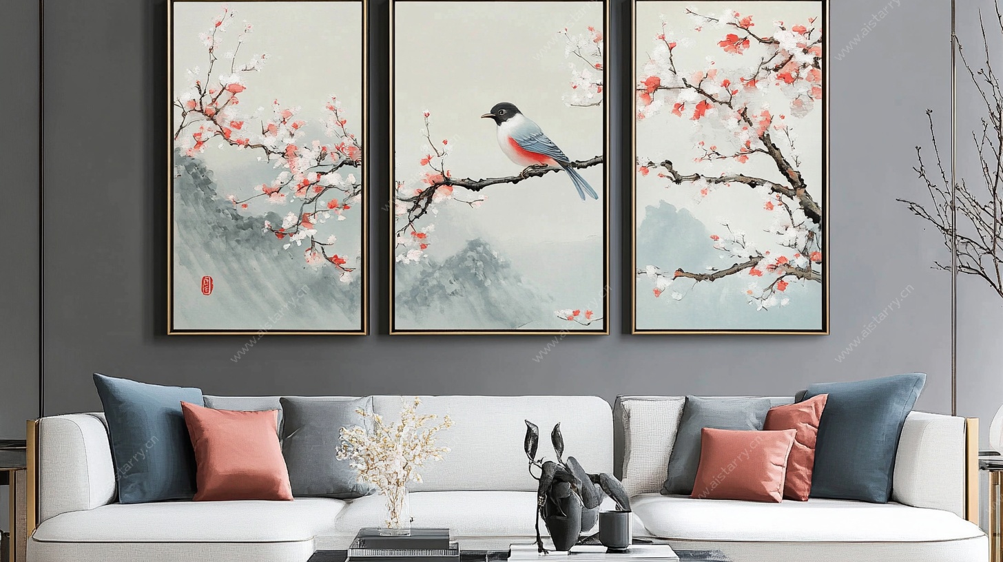 中式花鸟三联装饰画