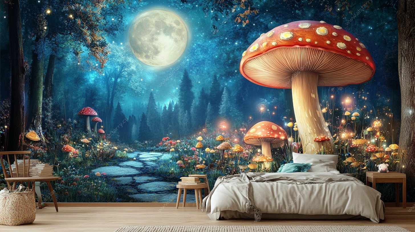梦幻森林蘑菇主题卧室墙画
