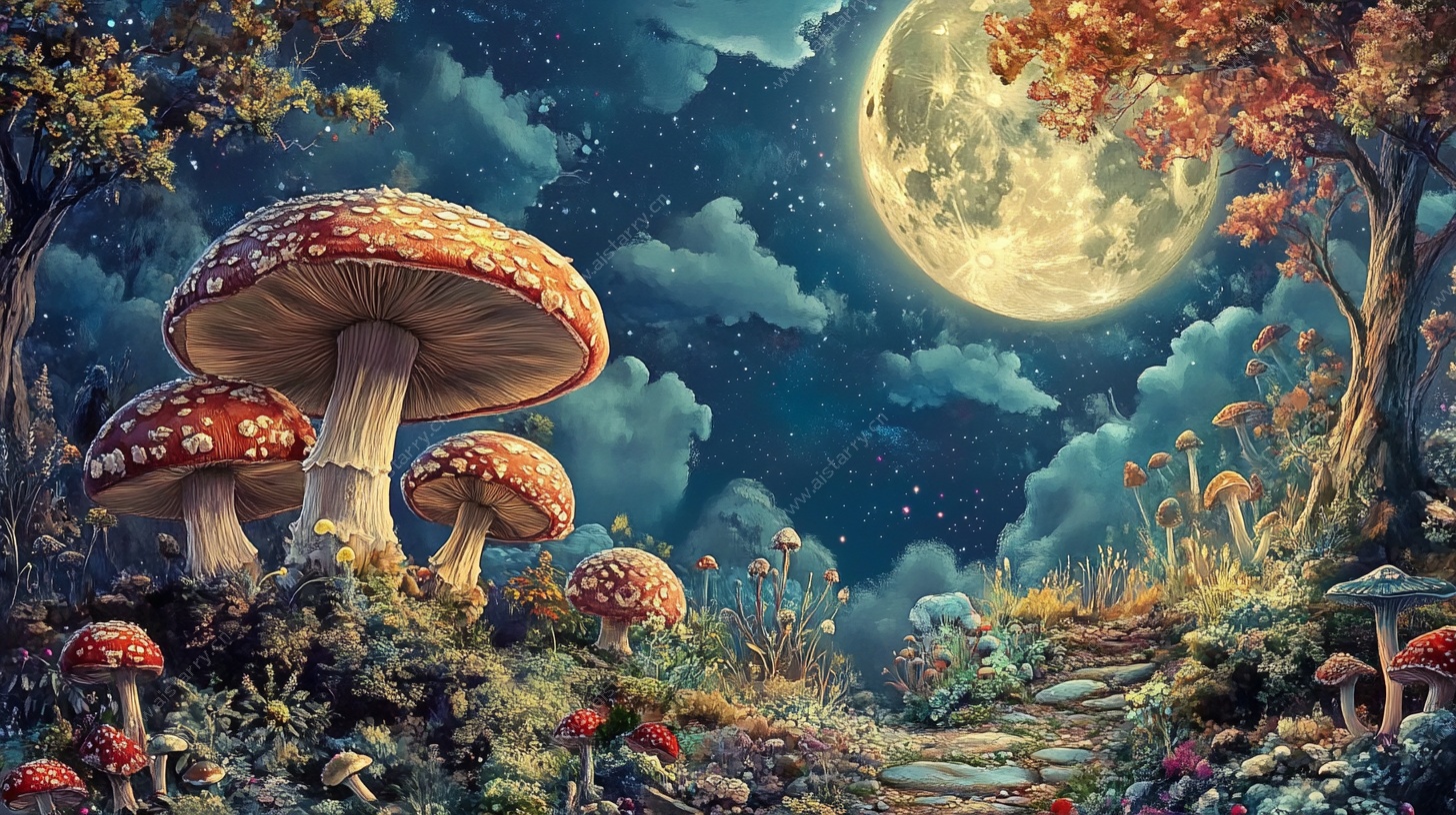 月夜下的奇幻蘑菇森林