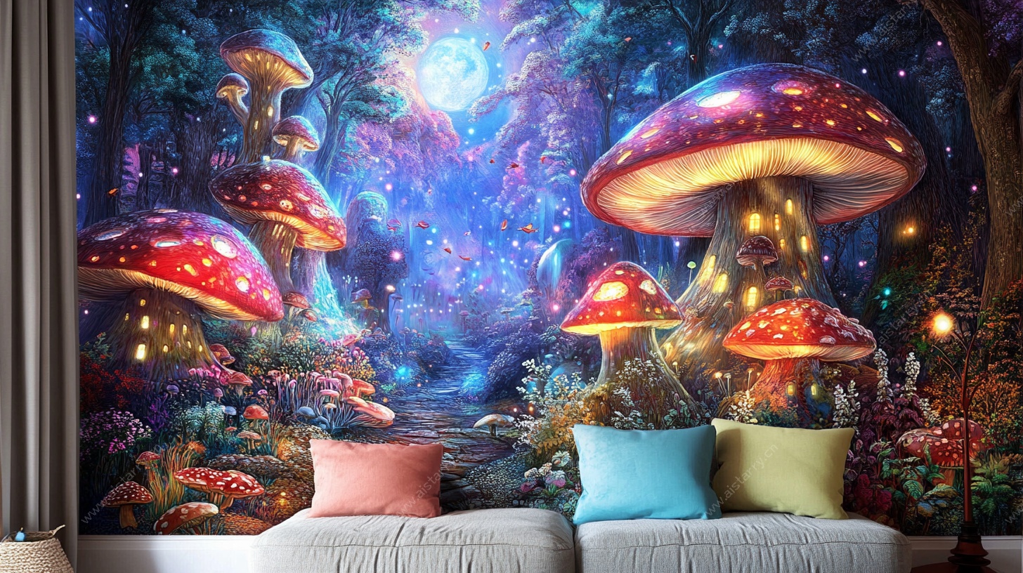 梦幻蘑菇森林卧室背景墙