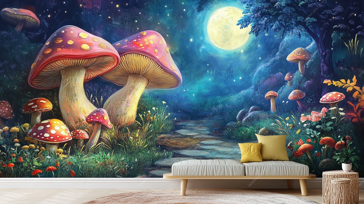 梦幻蘑菇森林壁画场景