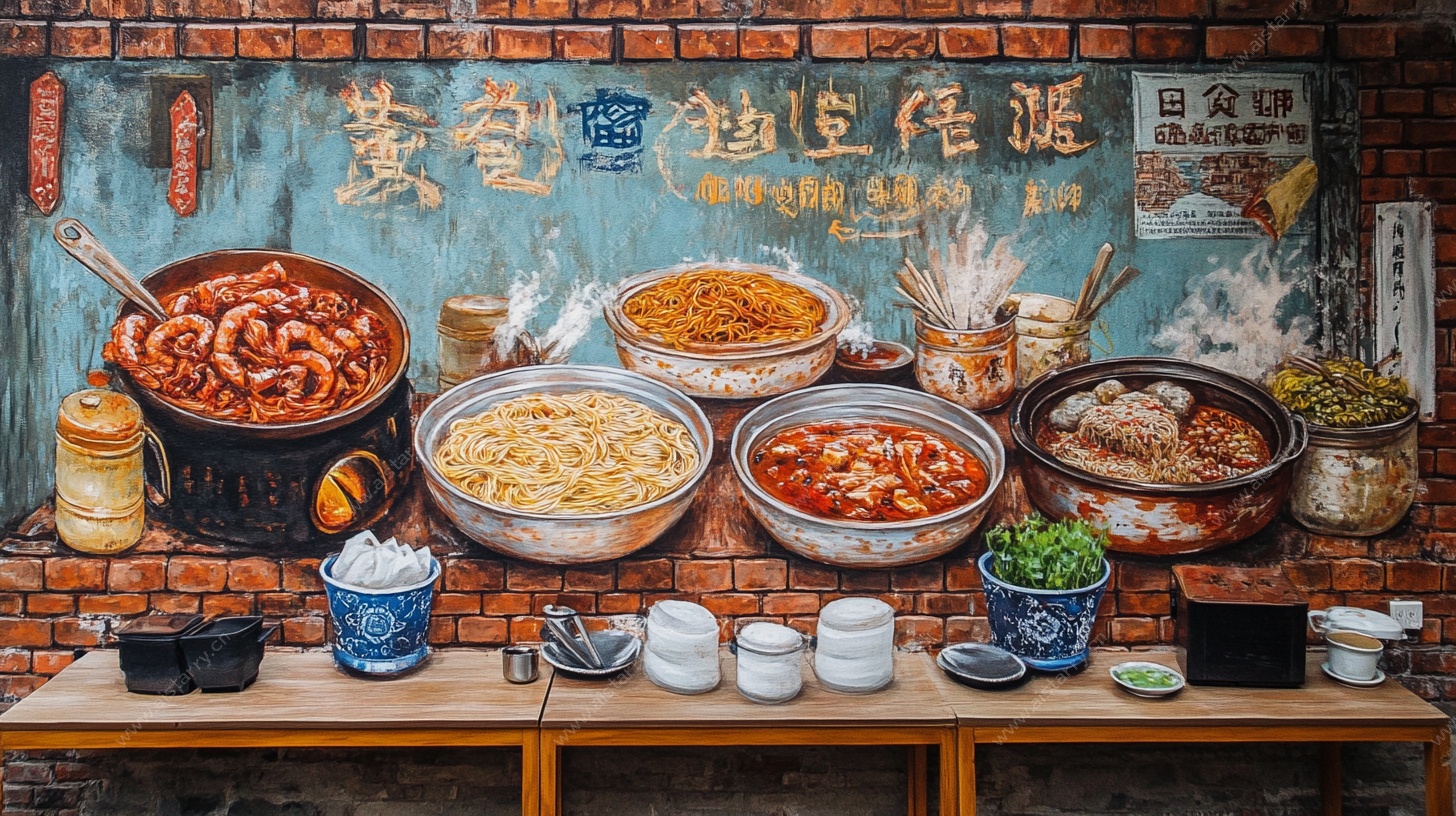 中式美食展示墙前的盛宴