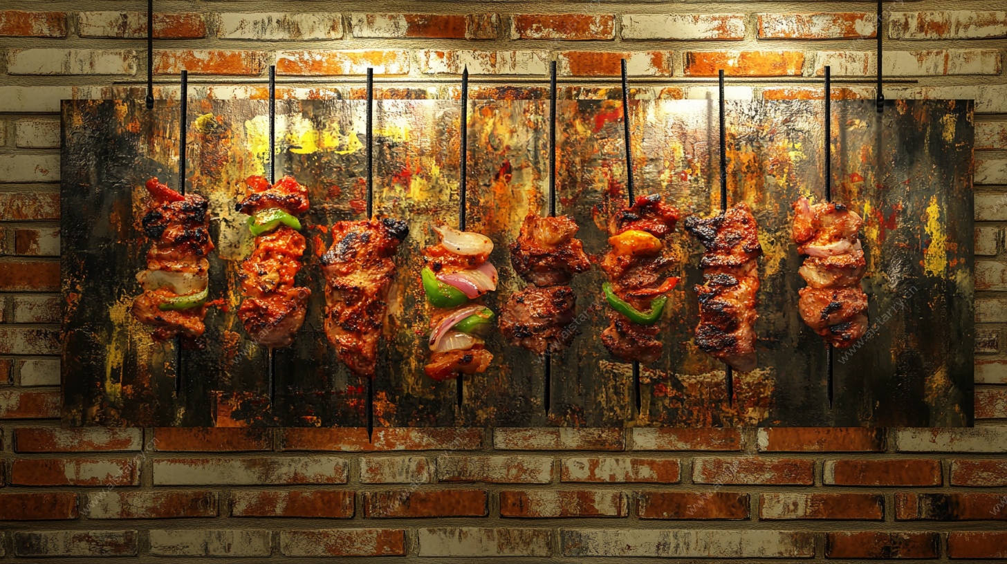 烤串悬挂在砖墙前展示