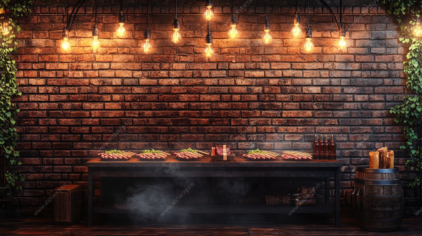 复古砖墙下的美食展示区