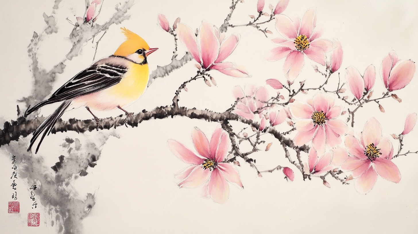 花鸟国画 枝头黄羽栖繁花