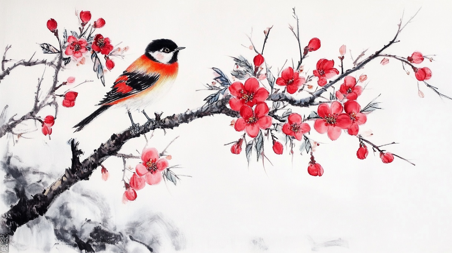 雪中红梅栖鸟图