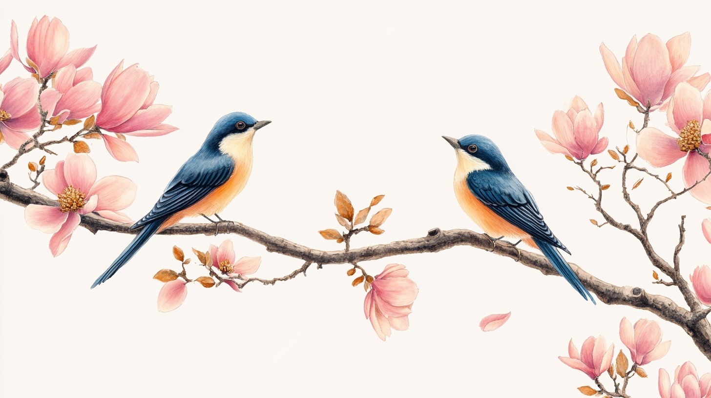 枝头双鸟伴繁花