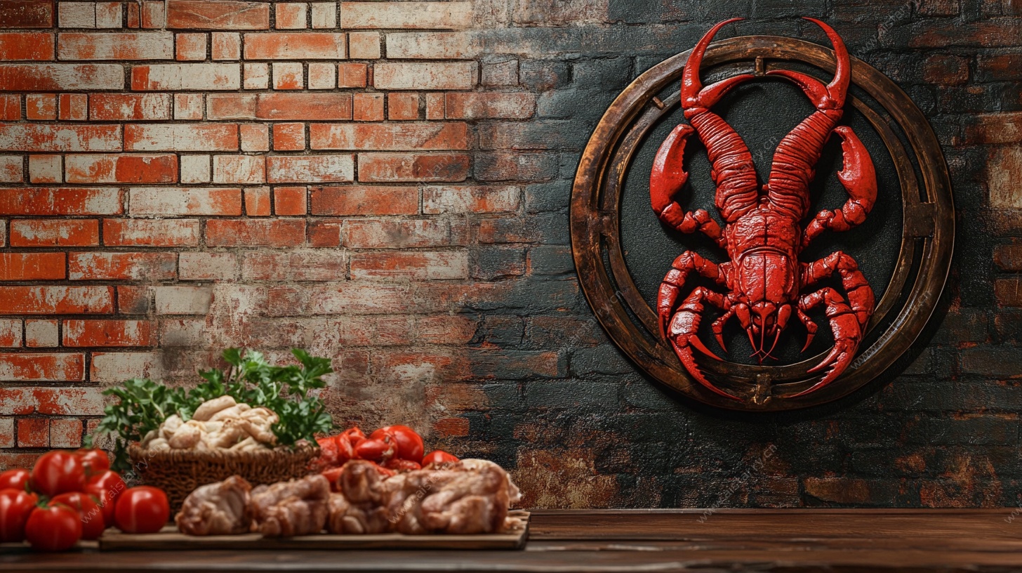 墙上龙虾装饰与食材组合