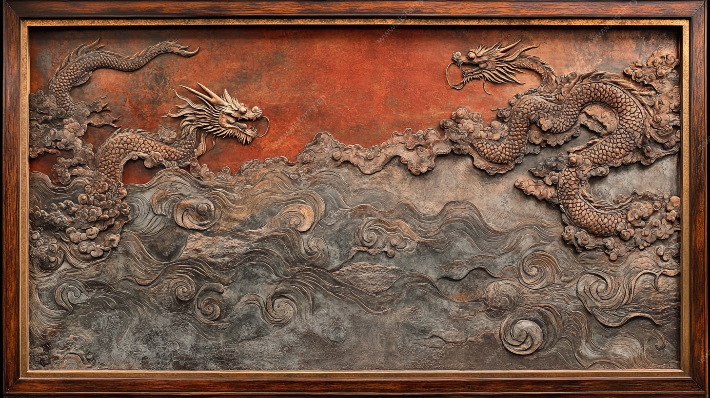 双龙戏海木雕浮雕