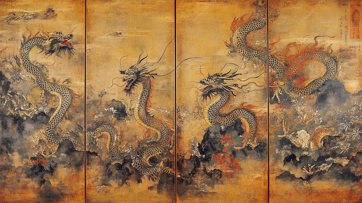 中式五龙屏风古画