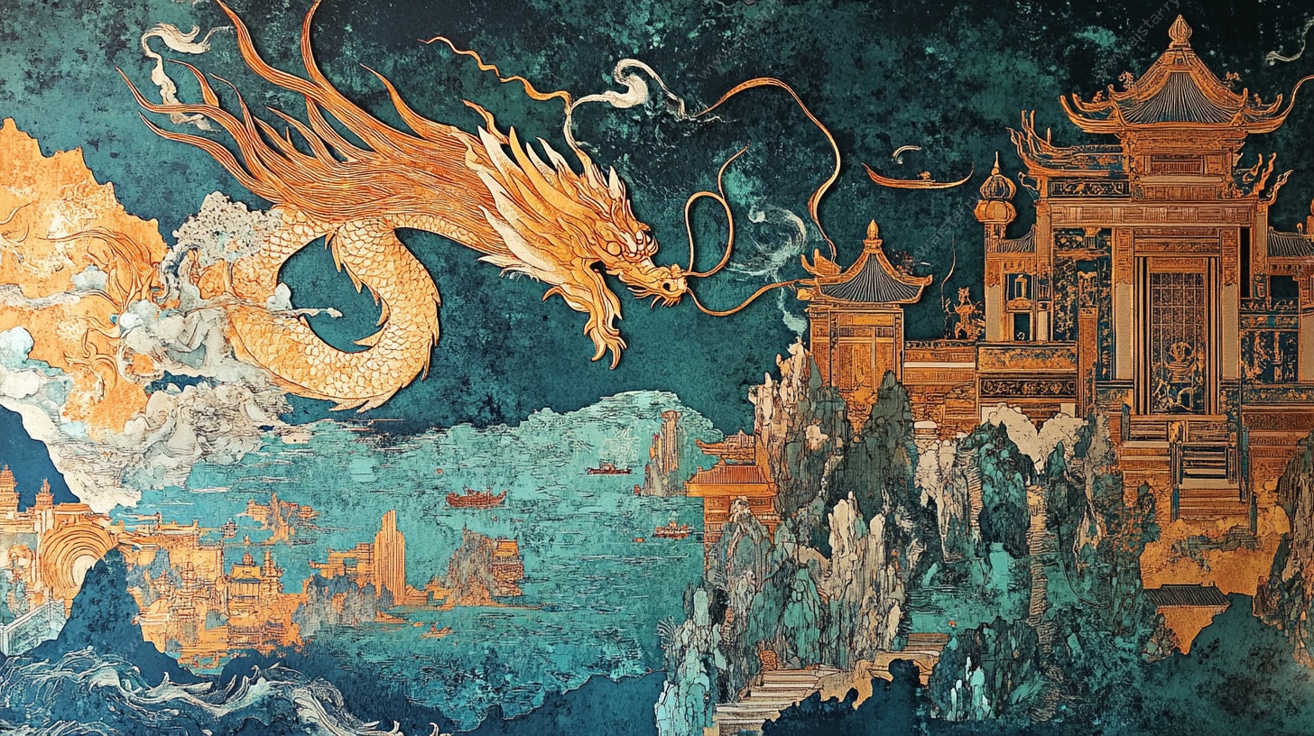 中式龙与古建筑奇幻场景