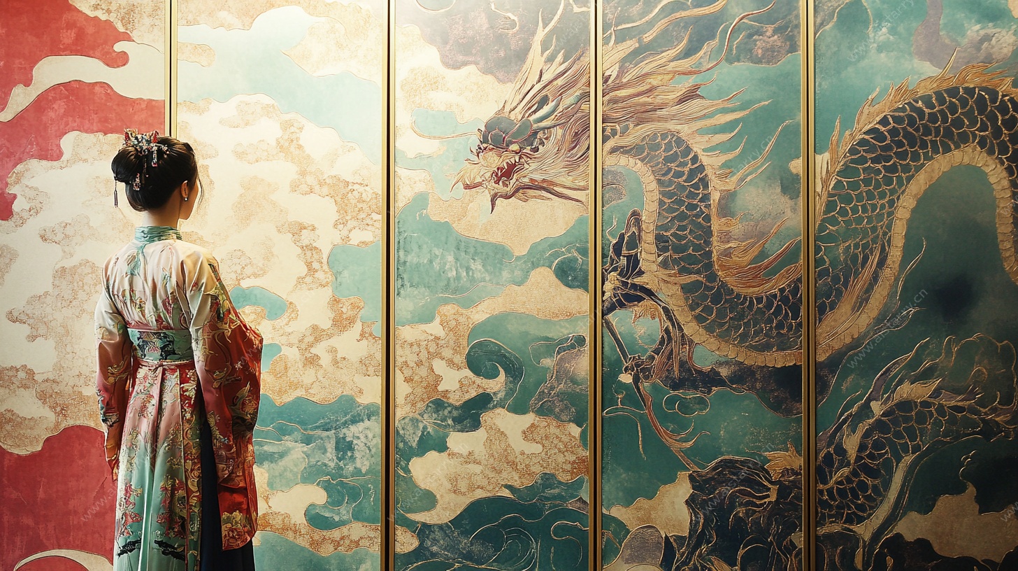 女子赏中式龙纹屏风画