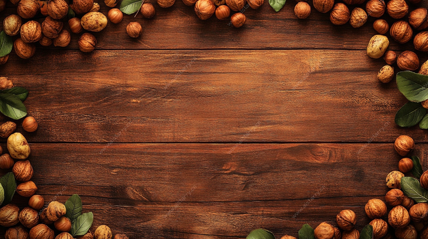 胡桃木底坚果绿叶装饰图