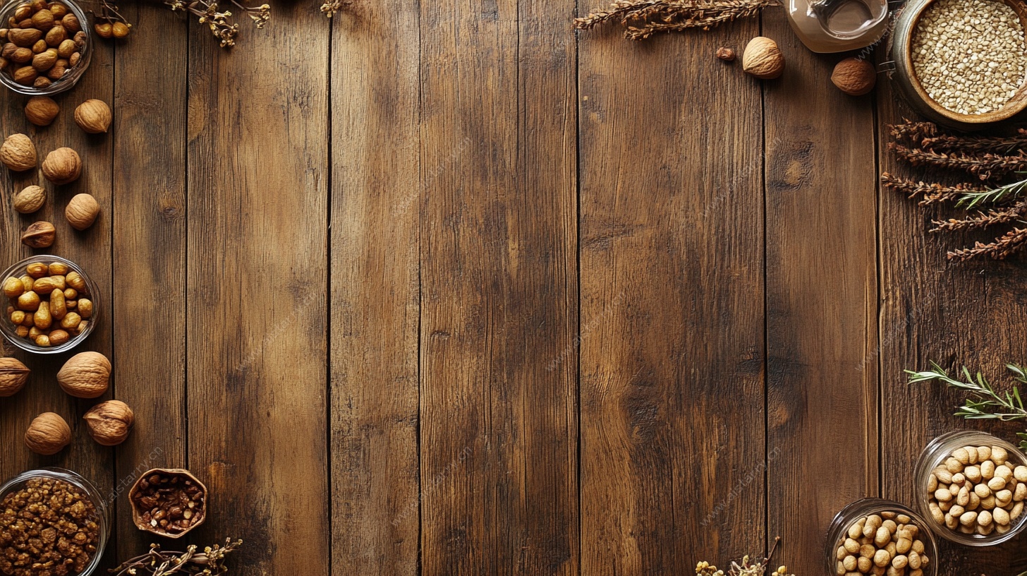 木质背景上的多样谷物坚果