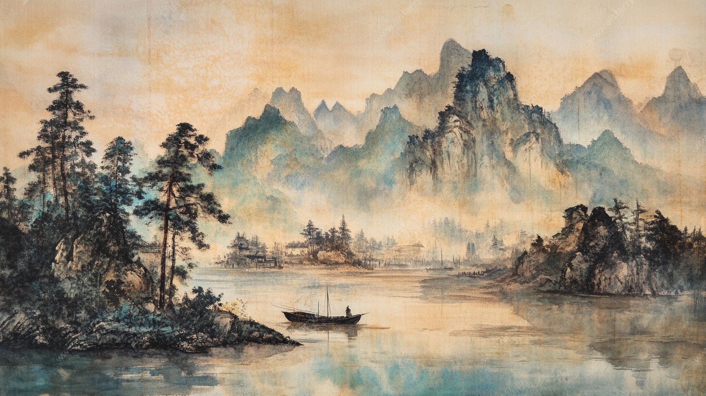 水墨山水间孤舟诗意景