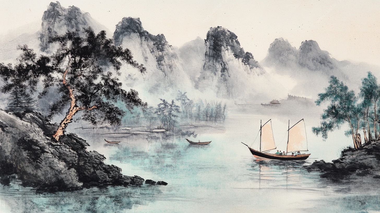 水墨山水行舟图
