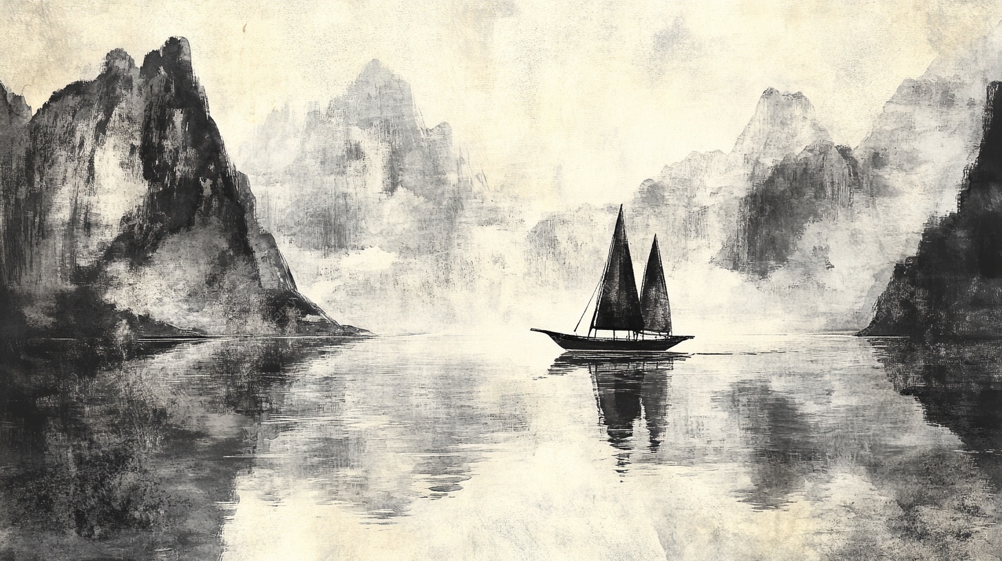 水墨山水间的孤舟