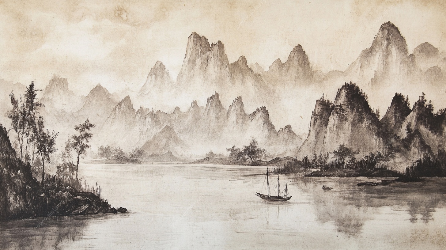 水墨山水孤舟图
