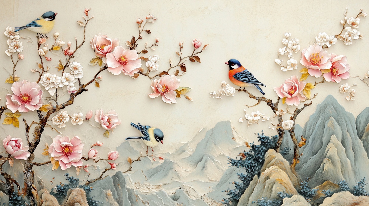 花鸟山水浮雕装饰画