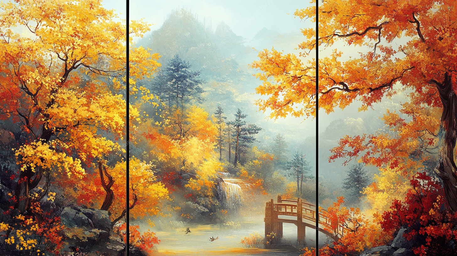 秋日山水桥景三联画
