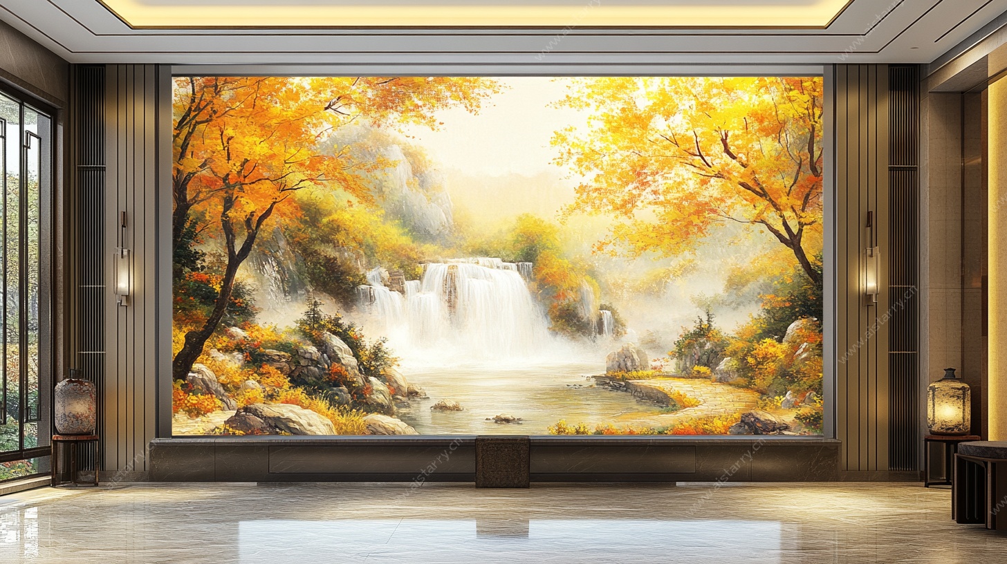 客厅中式山水瀑布装饰画