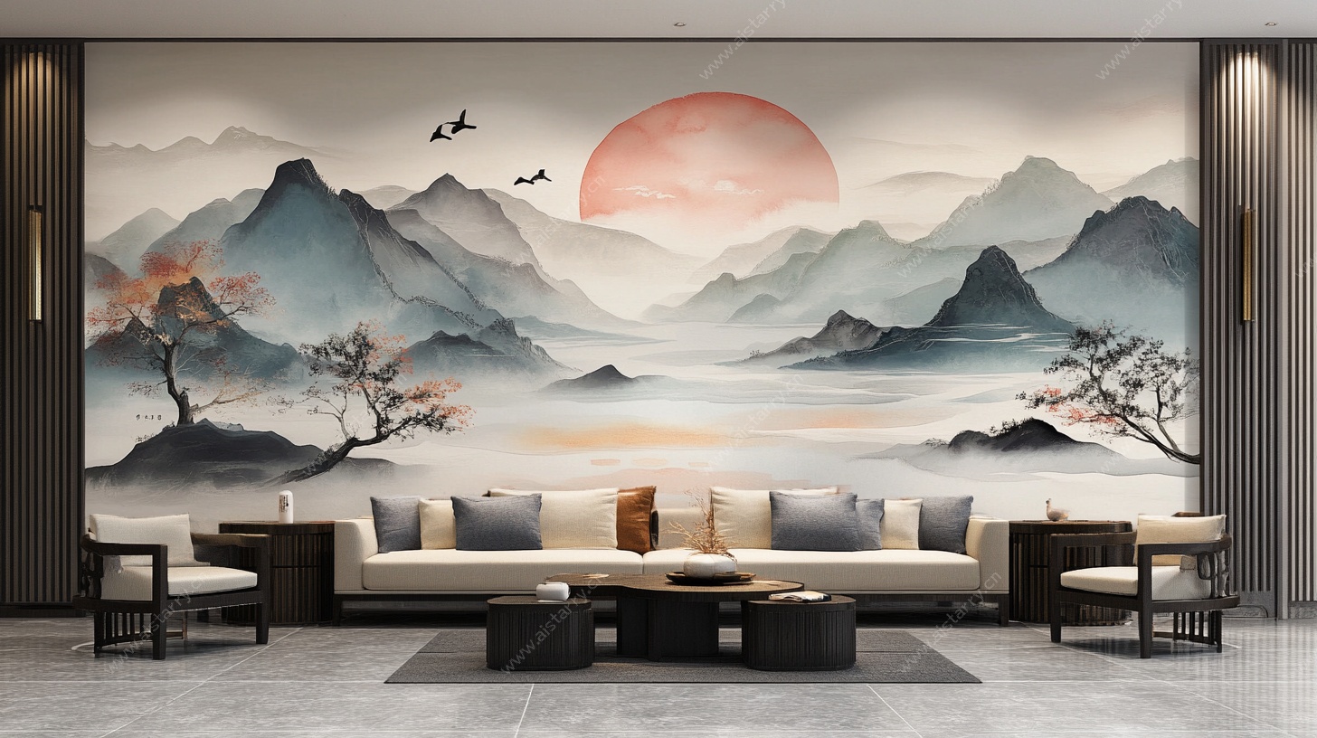 中式山水客厅壁画装饰图
