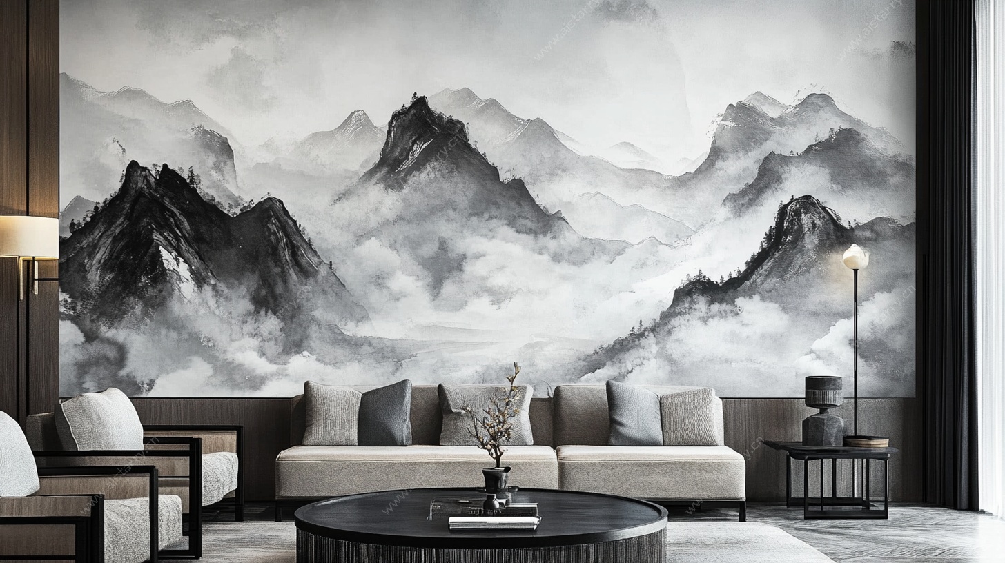 中式水墨山水客厅背景墙