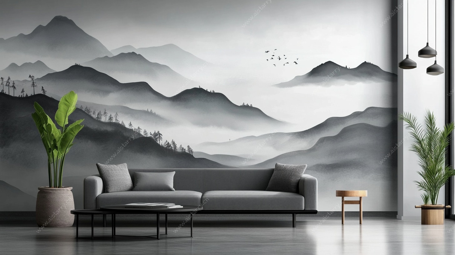 新中式山水客厅背景墙