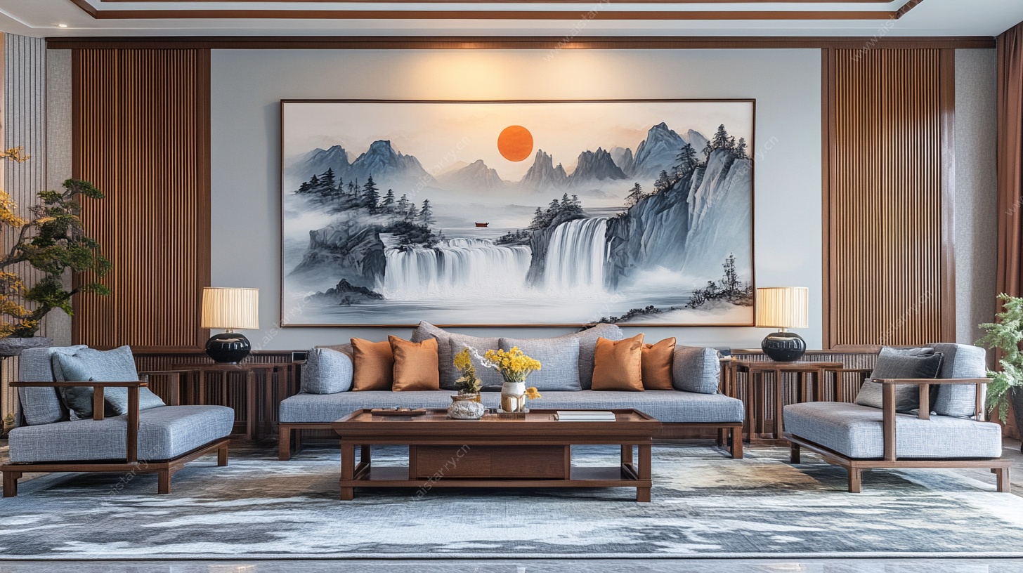 中式客厅山水挂画装饰图